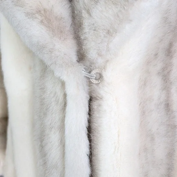 Vintage Faux Fur Long Coat Cream Gray Striped Oversized M/L Mob Wife Maximalist - Picture 2 of 13